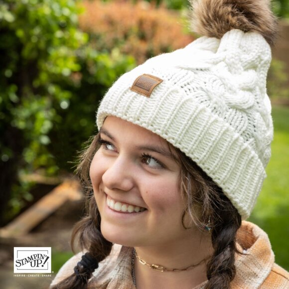 Soft Cozy Warm Cream Beanie Hat Neutral, Color Adorable Brown Pom Pom On Top - Picture 2 of 2